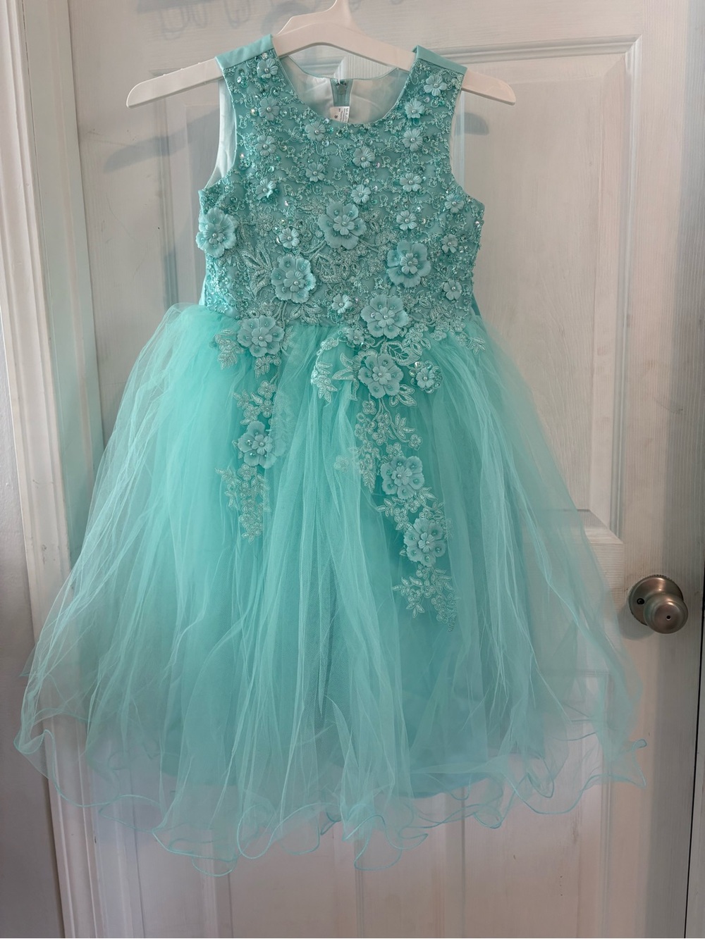 Girls Floral Applique Tulle Party Dress - Aqua